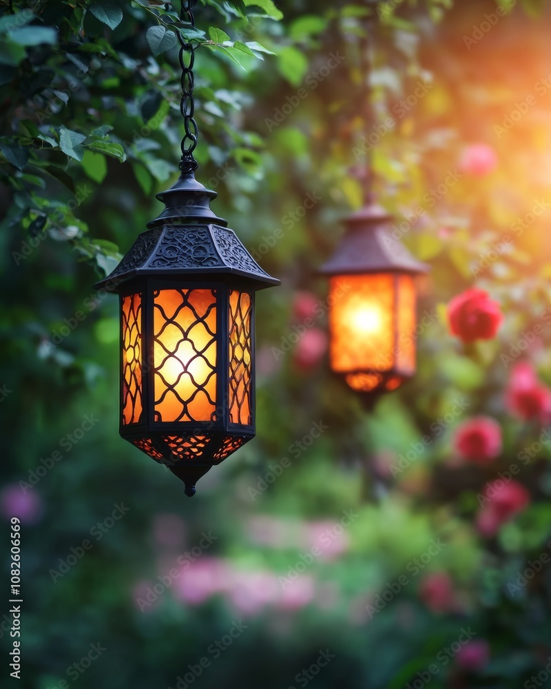 Two ornate lanterns hang amidst lush greenery, casting a warm glow against a backdrop of blooming roses in a serene garden setting.