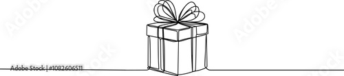 Gift box one line drawing. Continuous one line gift box.Presents with ribbon bow.Hand drawn greeting present box.Line art christmas surprise.	