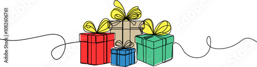 Gift box one line drawing. Continuous one line gift box.Presents with ribbon bow.Hand drawn greeting present box.Line art christmas surprise.	Gift boxes stack