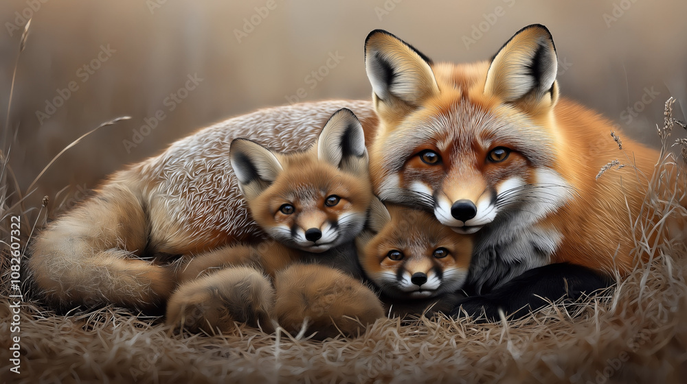 Obraz premium A family of red foxes consisting of an adult and two young kits lying closely together on dry grass in a natural setting, showcasing their vibrant orange and white fur.