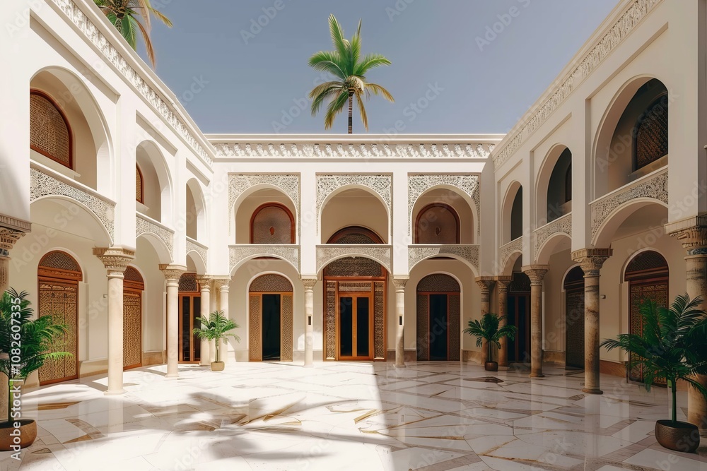 Luxurious moroccan riad courtyard with a marble floor, arches, columns ...