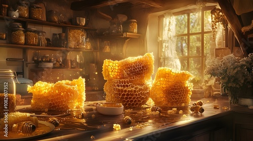 Harvesting Fresh Honeycomb in a Warm Kitchen, Showcasing Golden Honey Dripping From the Wax Cells