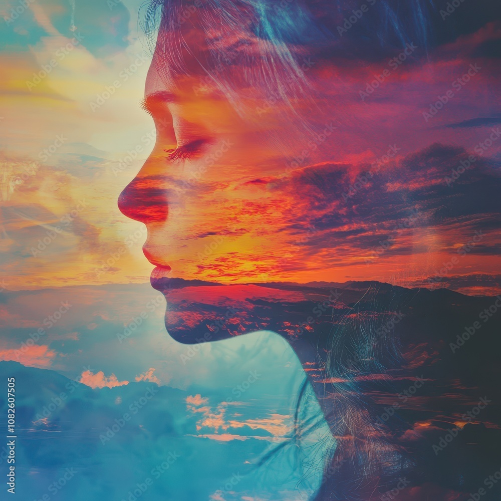 Abstract faith inspiration with vibrant colors close up contemplation theme ethereal double exposure sunset backdrop Abstract faith inspiration with vibrant colors close up contemplation theme ethereal double exposure sunset backdrop