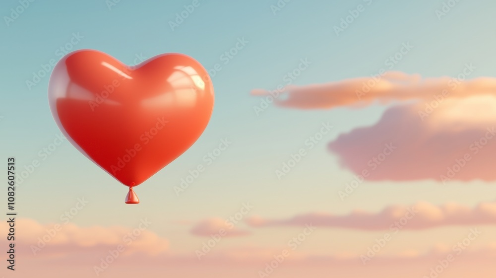 Heart balloon floating in gradient sky outdoor scene 3d render dreamy atmosphere aesthetic viewpoint love concept