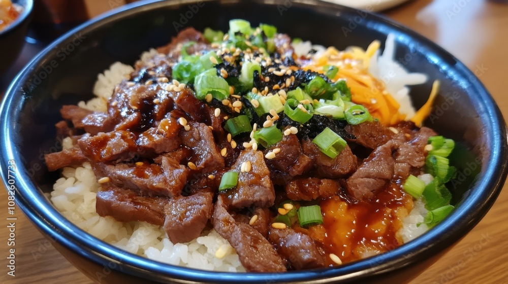 Delicious korean beef bowl with rice and fresh vegetables garnished with green onions and sesame Delicious korean beef bowl with rice and fresh vegetables garnished with green onions and sesame