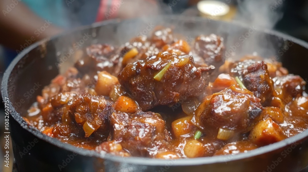 Delicious steaming beef stew with vegetables in a sizzling pot Delicious steaming beef stew with vegetables in a sizzling pot