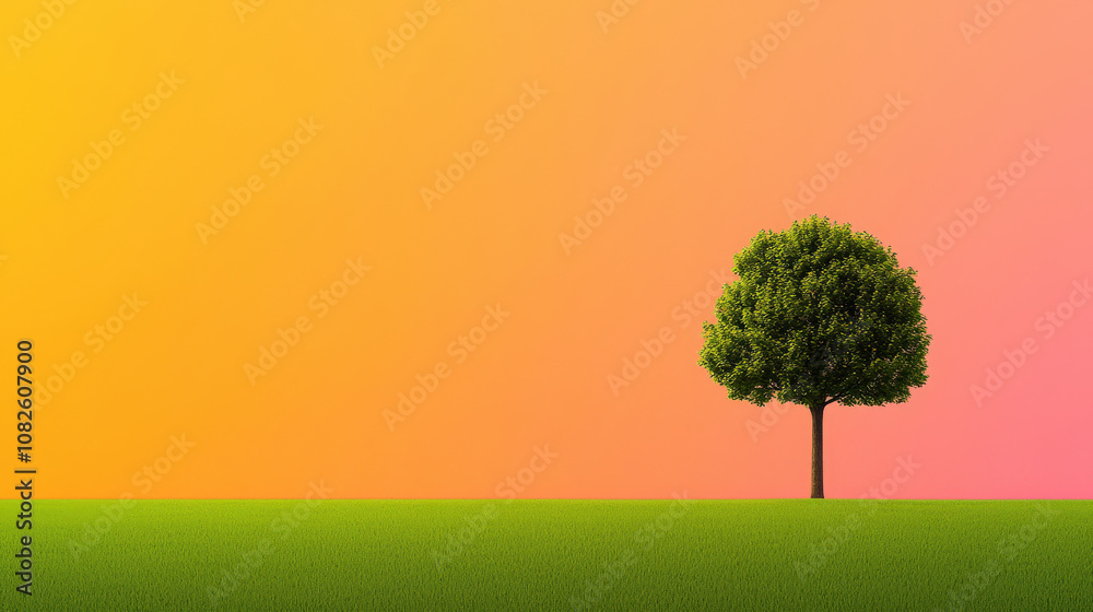 solitary tree stands on vibrant green grass under colorful sunset sky, creating serene and peaceful atmosphere solitary tree stands on vibrant green grass under colorful sunset sky, creating serene and peaceful atmosphere