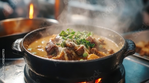 Hearty beef stew with fresh herbs in a rustic cast iron pot