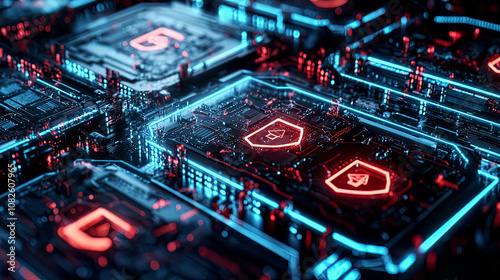 Hyper-realistic digital defense layers with glowing encryption shields securing sensitive data