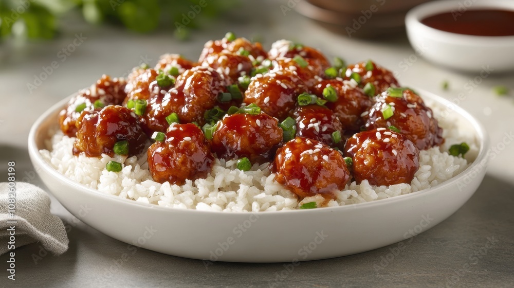 Delicious sweet and sour meatballs on rice with green onion garnish Delicious sweet and sour meatballs on rice with green onion garnish