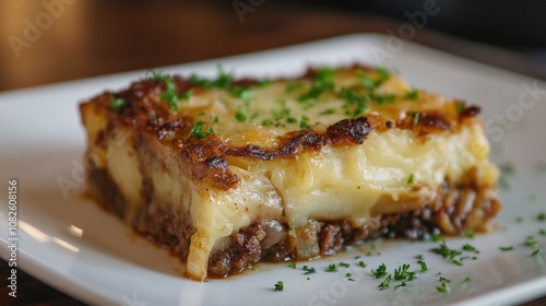 Delicious slice of traditional moussaka garnished with fresh parsley on plate