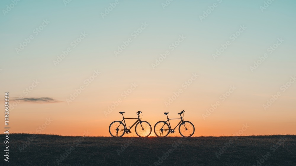Fototapeta premium Two bicycles stand silhouetted against a colorful sunset horizon, evoking a sense of adventure and tranquility.