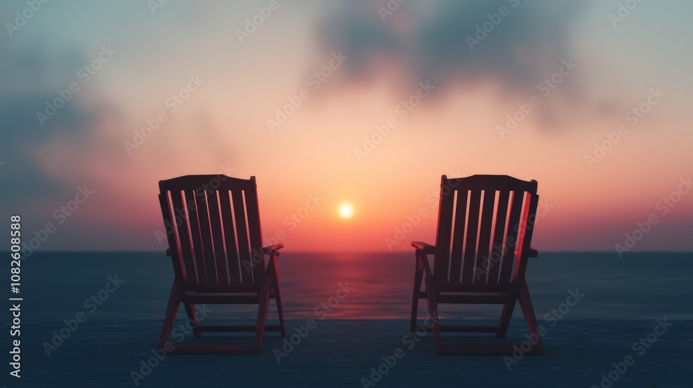 A serene sunset scene featuring two wooden chairs facing the ocean, creating a peaceful atmosphere perfect for relaxation and contemplation. A serene sunset scene featuring two wooden chairs facing the ocean, creating a peaceful atmosphere perfect for relaxation and contemplation.