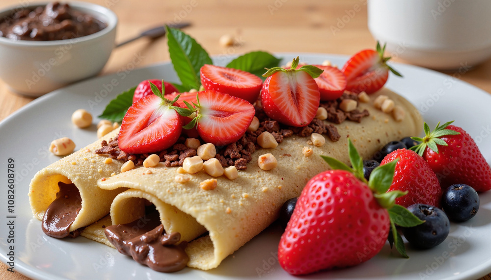 Chocolate-filled crepes topped with strawberries and nuts Chocolate-filled crepes topped with strawberries and nuts