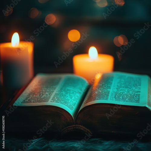 Bible illuminated with light symbolism focus on divinity theme vibrant overlay candle-lit room backdrop