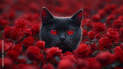 Fototapeta Naklejka Na Ścianę i Meble -  Black cat with red eyes hiding in red roses