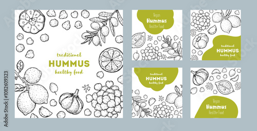 Hummus packaging design template. Cooking and ingredients for hummus. Sketch illustration. Middle eastern cuisine frame. Healthy food recipe, design elements. Hand drawn, package design.