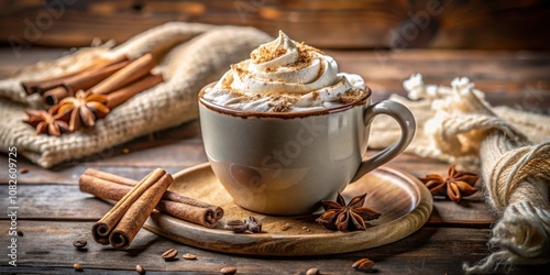 A steaming cup of coffee with whipped cream and cinnamon sprinkled on top, nestled on a wooden coaster with star anise and cinnamon sticks, creating a warm and inviting autumnal atmosphere.