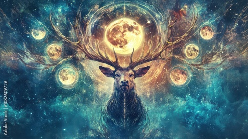 Cosmic Stag in a Digital Realm: Antlers Branching into Moon Phases, Dimensional Portals, and Lunar Lighting. Perfect for Multidimensional Healing and Astrology Services. High-Resolution Art.