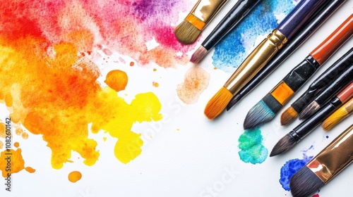 Day Without Art Day Colorful paintbrushes and vibrant watercolor splashes on white background