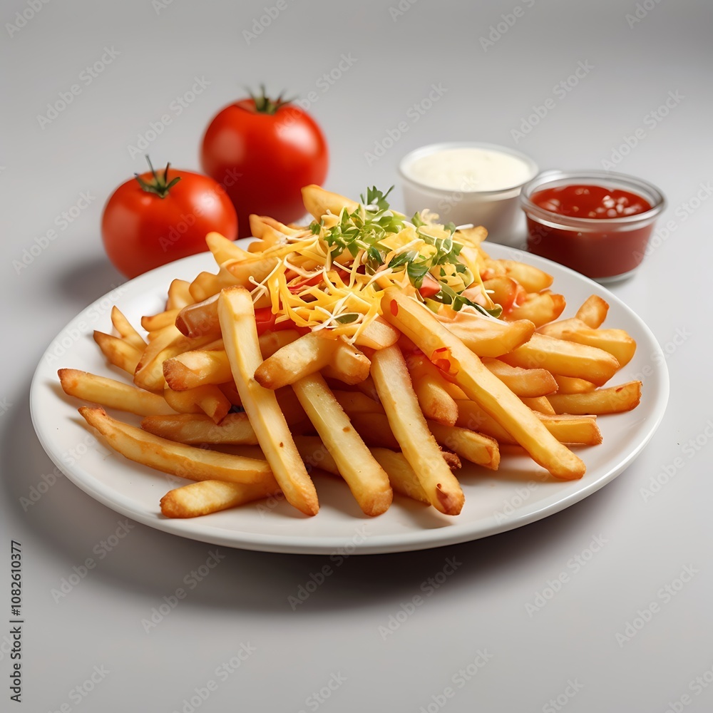 Delicious French fries with cheese tomato fried Served Delicious French fries with cheese tomato fried Served