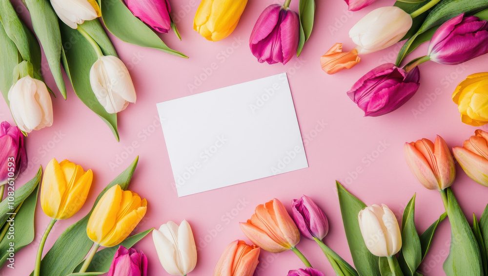blank white card surrounded by colorful tulips on pink background creates vibrant and cheerful atmosphere, perfect for spring celebrations blank white card surrounded by colorful tulips on pink background creates vibrant and cheerful atmosphere, perfect for spring celebrations