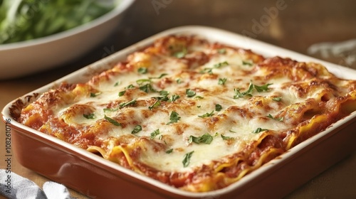 Delicious homemade lasagna with melted cheese and fresh herbs in a baking dish