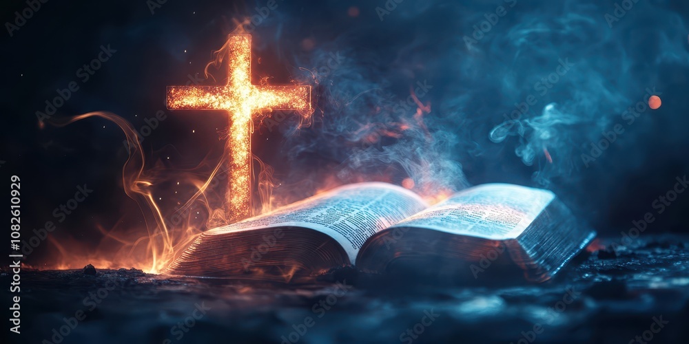 Obraz premium Divine breath representation through a glowing Bible and cross, highlighting the essence of faith and the beauty of spiritual symbols in abstract form