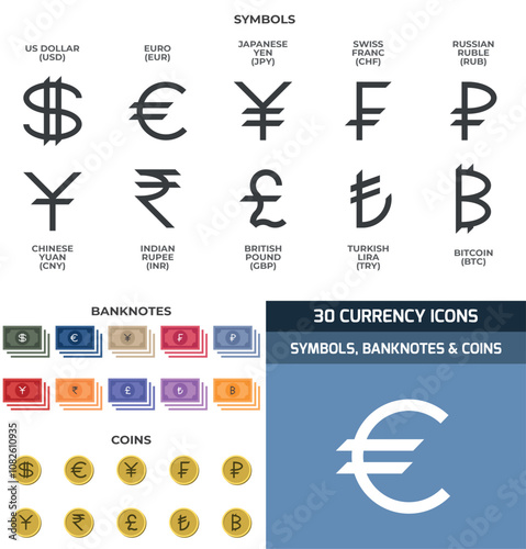 30 VECTOR ICONS: CURRENCY SYMBOLS, BANKNOTES & COINS