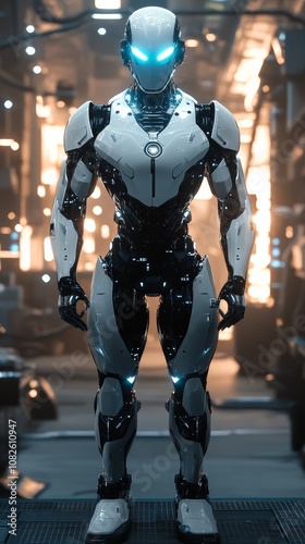 Futuristic humanoid robot standing in industrial environment