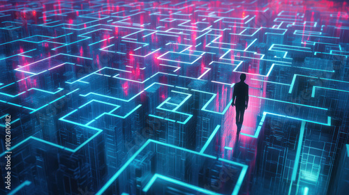 A Futuristic Side View of a Person Navigating Through a Neon Maze, Representing the Journey of Discovery in a Digital World Illuminated by Bright Colors photo