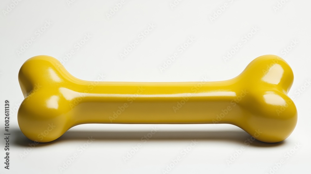 A yellow rubber dog bone on a white background.