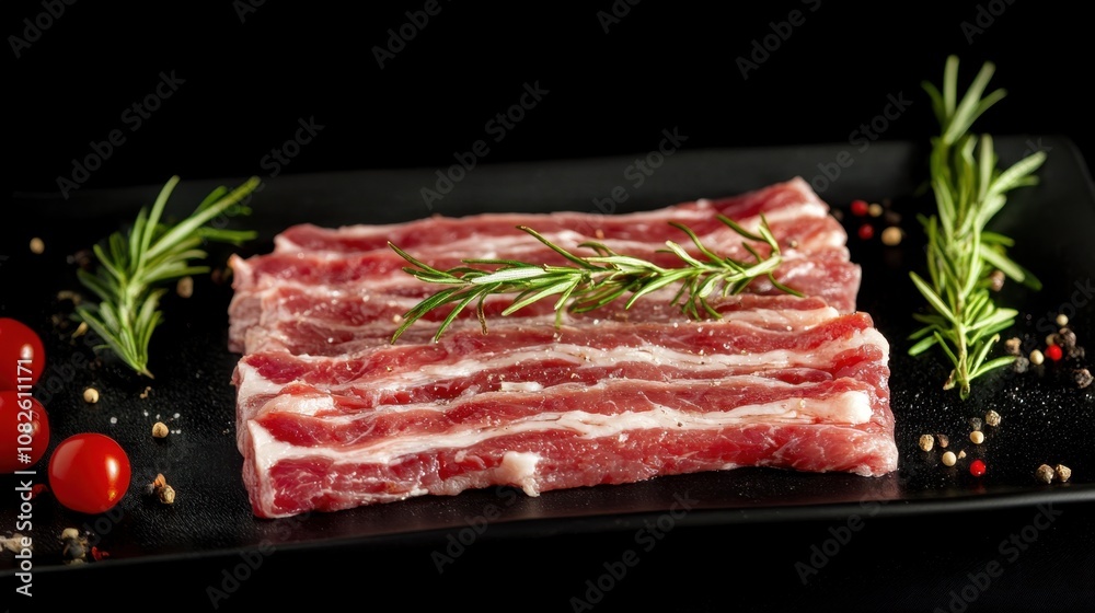 Fototapeta premium National Bacon Day Fresh raw slices of pork belly with rosemary and cherry tomatoes on black background