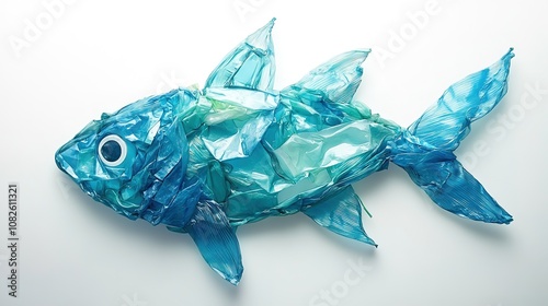 Blue fish sculpture made from plastic bottles against a white ba