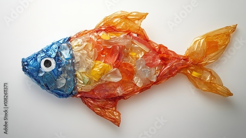 Colorful plastic fish concept on white background photo