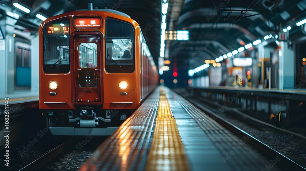 Fototapeta premium High-speed train at the station and a blurred city in the background, high resolution, high-quality image, travel, lighting, colorfulness, fast travel, be on time, technology.