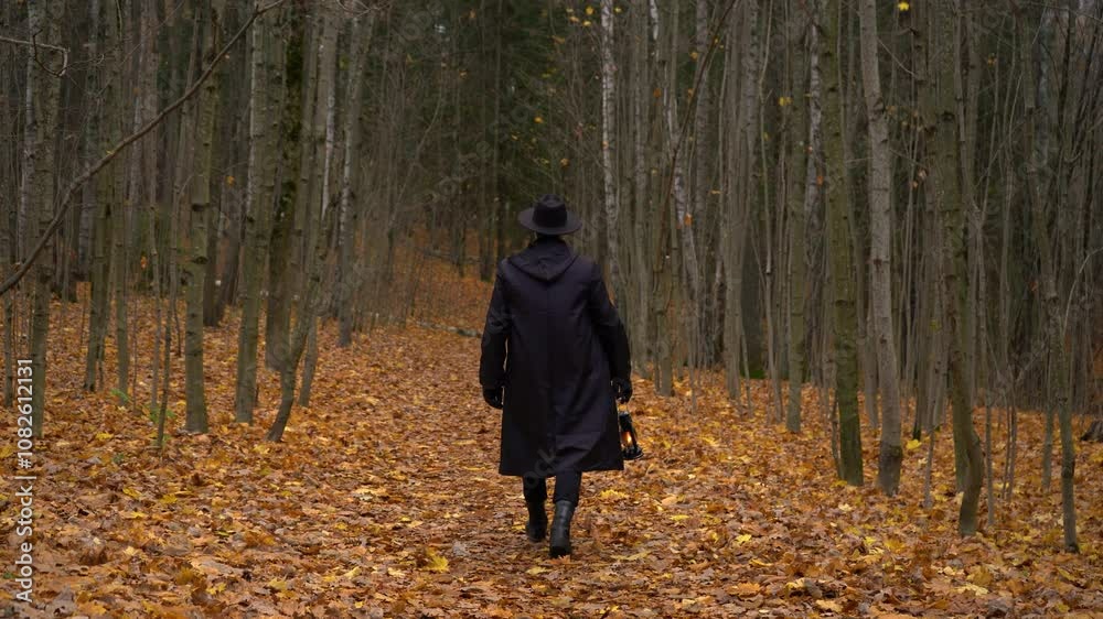 view from the back Man magician in a cloak and hat carries a kerosene lamp, a burning lantern in an autumn yellow forest, Halloween atmosphere view from the back Man magician in a cloak and hat carries a kerosene lamp, a burning lantern in an autumn yellow forest, Halloween atmosphere