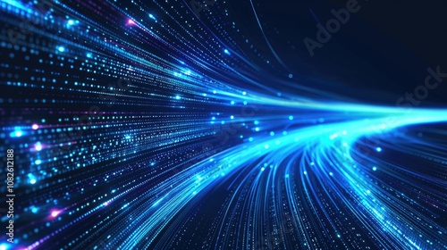 Abstract blue digital network background with lines and nodes. Digital artwork of glowing digital wave waving and flowing at black background. Technology innovation and data visualization. AIG55.