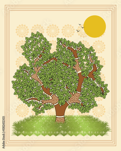 Whispers of the Forest: A Serene Madhubani Artwork of Nature's Beauty. Madhubani nature art, Indian folk art nature, Madhubani tree art, Madhubani forest art.