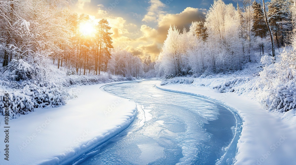 Fototapeta premium Winter landscape with snowy trees and river at sunset