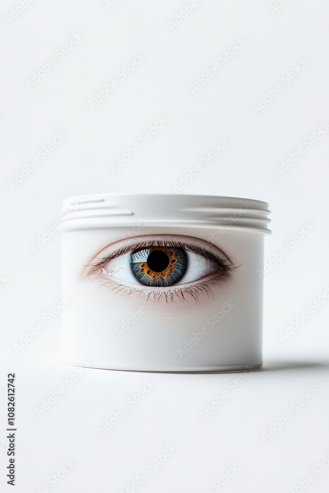 Realistic eye on white jar against pure background Realistic eye on white jar against pure background