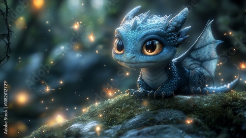 Baby dragon resting on a rock in an enchanted forest at night