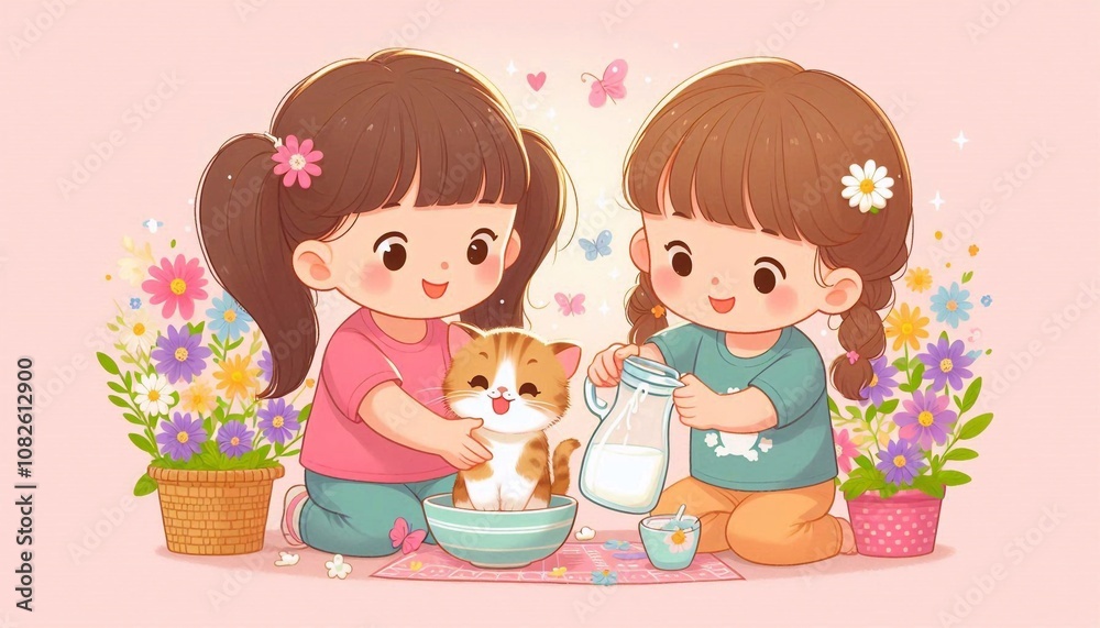 The girl gives the kitten a bowl of milk The girl gives the kitten a bowl of milk