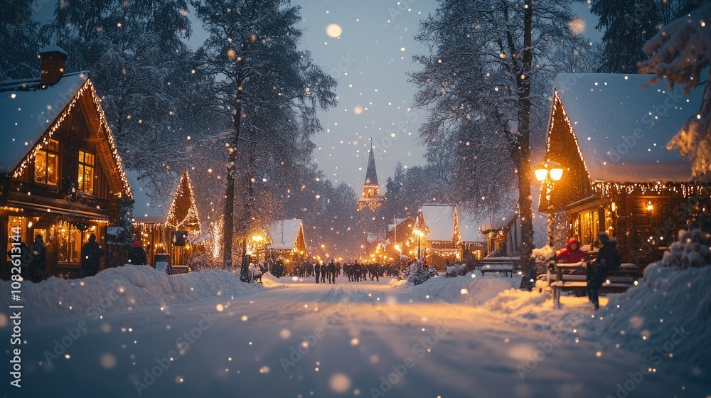 A snowy street in a charming village with twinkling lights and falling snow, creating a magical winter atmosphere. A snowy street in a charming village with twinkling lights and falling snow, creating a magical winter atmosphere.