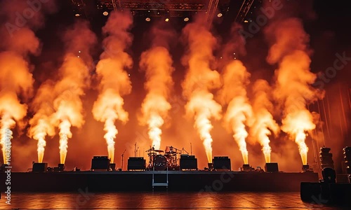 A dramatic stage setup with fiery smoke effects for a live music performance.
