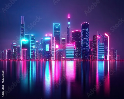 Futuristic city skyline, cyberpunk style, night scene with neon lights, 3D illustration