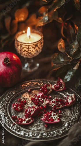 Ripe pomegranate seeds on ornate metal plate by candlelight