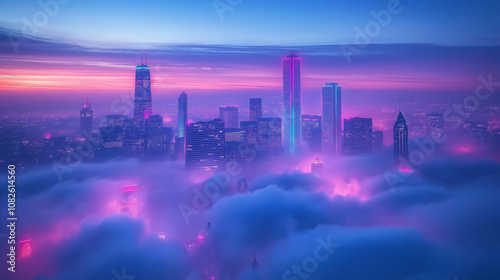 Glowing Cityscape Horizon: Distant view of a city skyline with neon-lit skyscrapers, light haze, pink and blue neon glow reflecting on the clouds, peaceful futuristic vibe photo