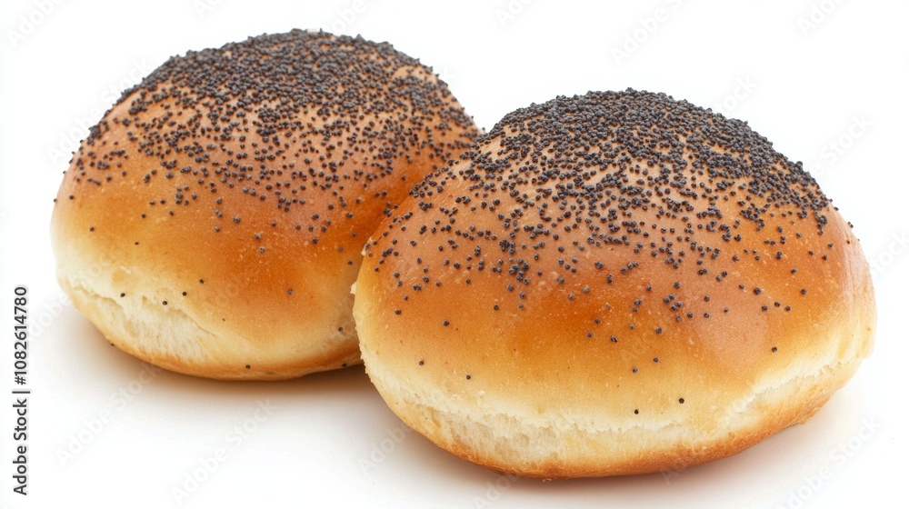 Two buns with poppy seeds on top, sitting on a white background. Two buns with poppy seeds on top, sitting on a white background.