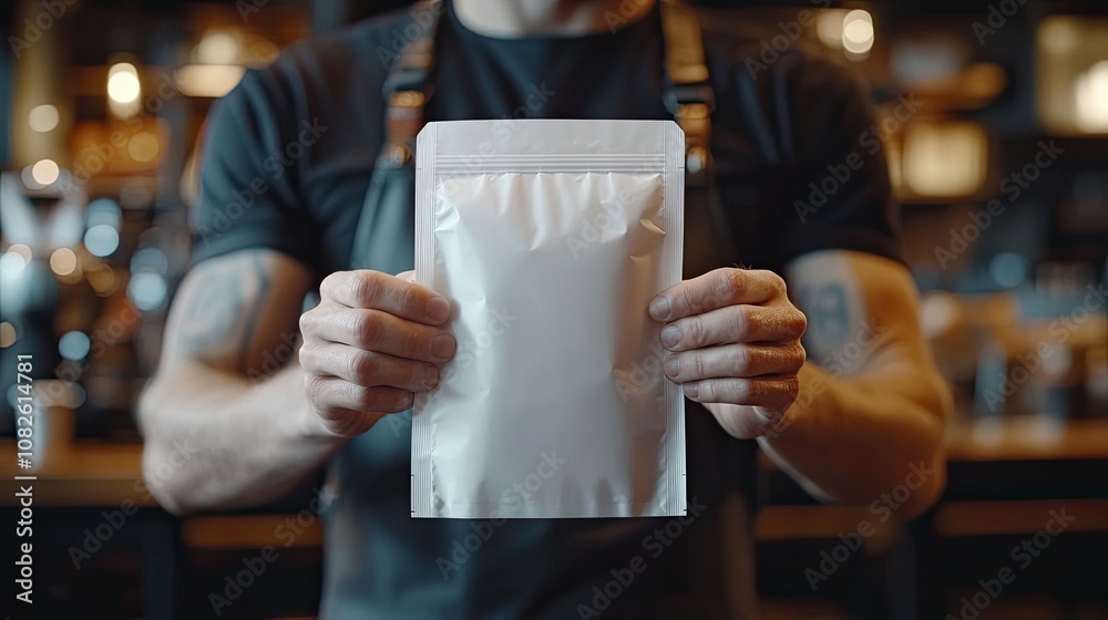 Barista Hands Holding Coffee Package Close Up Barista Hands Holding Coffee Package Close Up